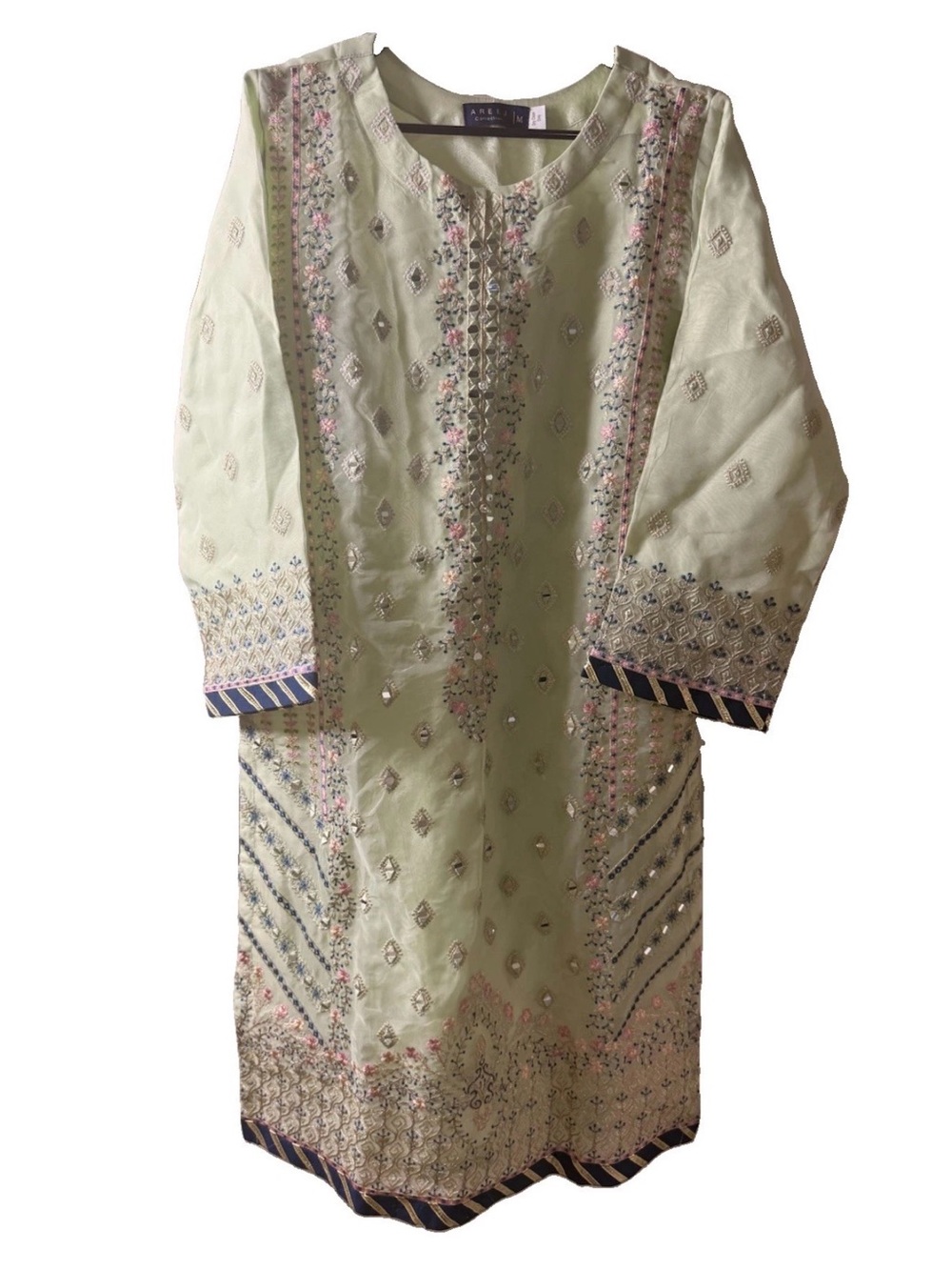 AREEJ Collection Pakistani Mint Green‎ Organza Kurti Kameez Embroidered Medium M